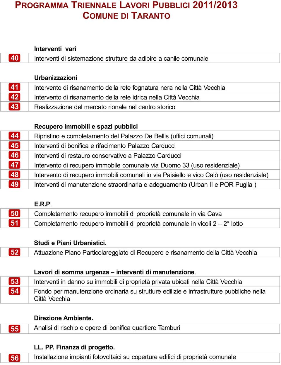 e completamento del Palazzo De Bellis (uffici comunali) Interventi di bonifica e rifacimento Palazzo Carducci Interventi di restauro conservativo a Palazzo Carducci Intervento di recupero immobile