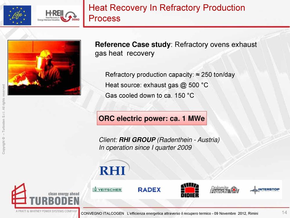 ca. 150 C ORC electric power: ca.