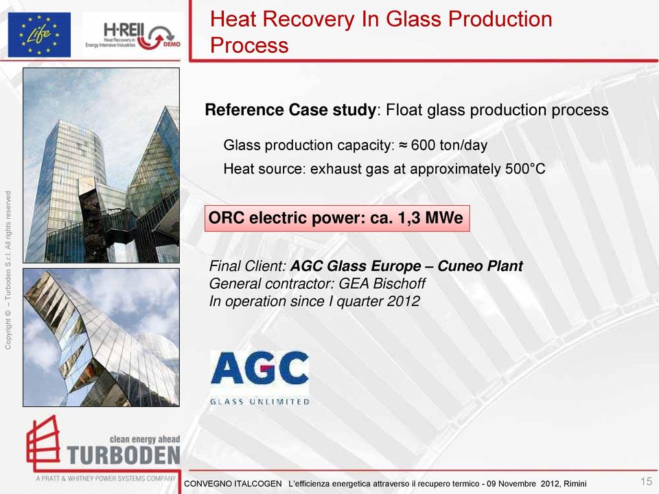 1,3 MWe Final Client: AGC Glass Europe Cuneo Plant General contractor: GEA Bischoff In operation since I