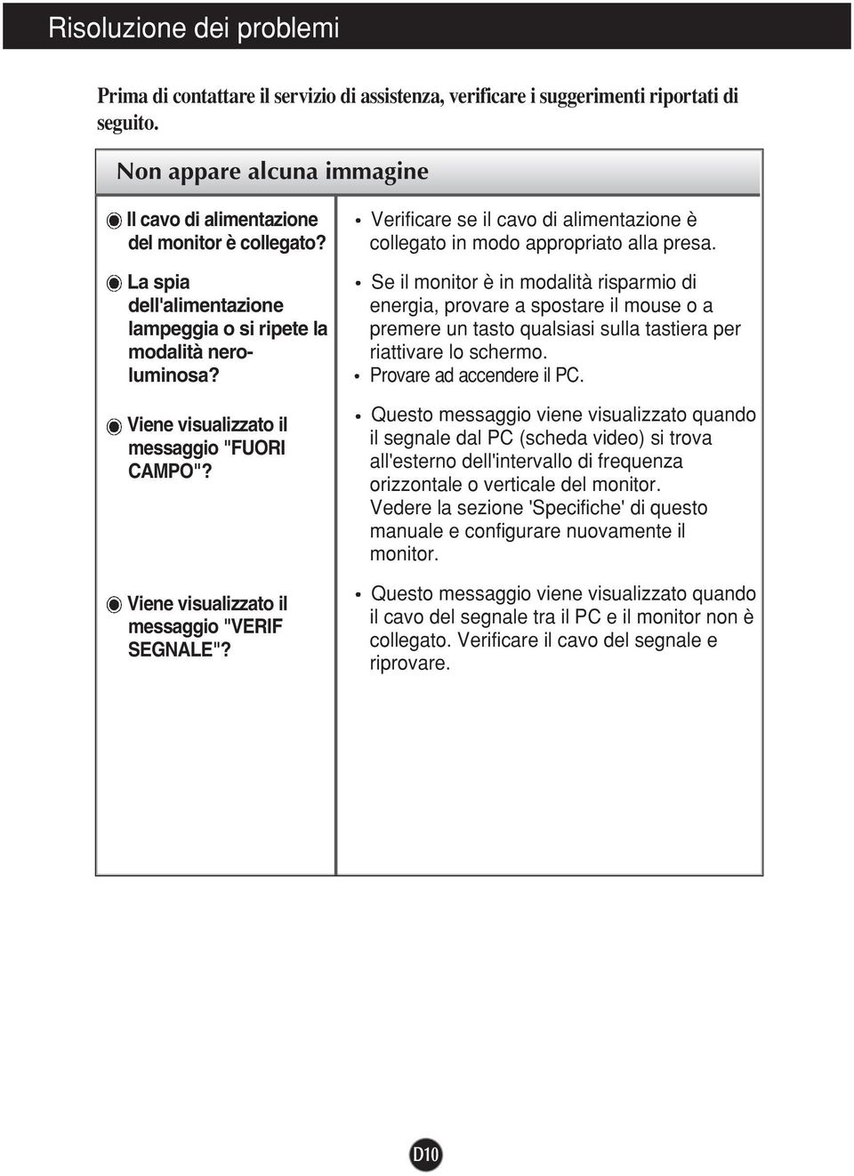 Verificare se il cavo di alimentazione è collegato in modo appropriato alla presa.