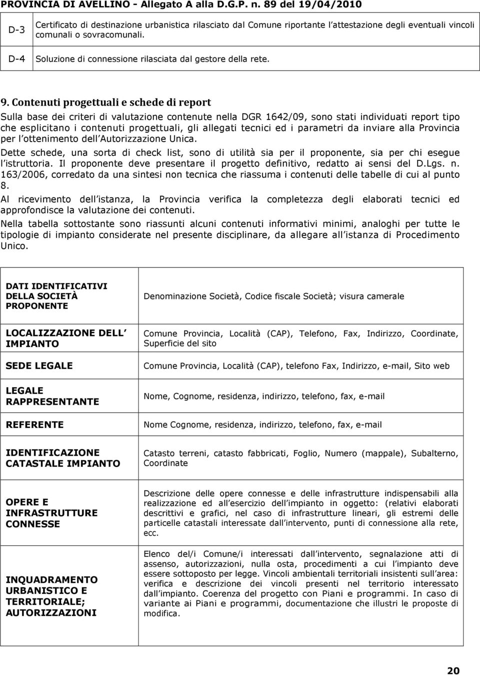 Contenuti progettuali e schede di report Sulla base dei criteri di valutazione contenute nella DGR 1642/09, sono stati individuati report tipo che esplicitano i contenuti progettuali, gli allegati