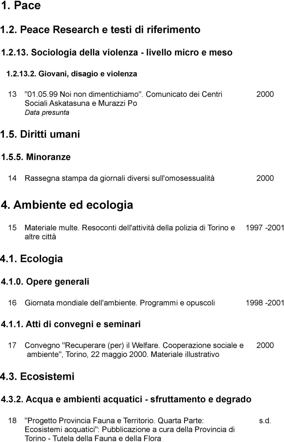 Ambiente ed ecologia 15 Materiale multe. Resoconti dell'attività della polizia di Torino e 1997-2001 altre città 4.1. Ecologia 4.1.0. Opere generali 16 Giornata mondiale dell'ambiente.