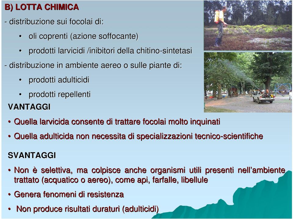 molto inquinati Quella adulticida non necessita di specializzazioni tecnico-scientifiche SVANTAGGI Non è selettiva, ma colpisce anche organismi utili