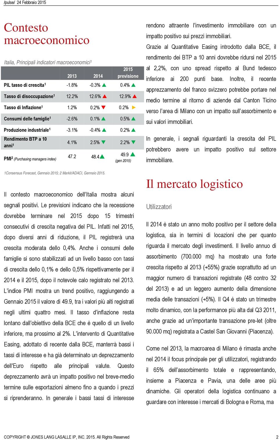 2 48.4 49.9 (gen 2015) 1Consensus Forecast, Gennaio 2015; 2 Markit/ADACI, Gennaio 2015. Il contesto macroeconomico dell Italia mostra alcuni segnali positivi.