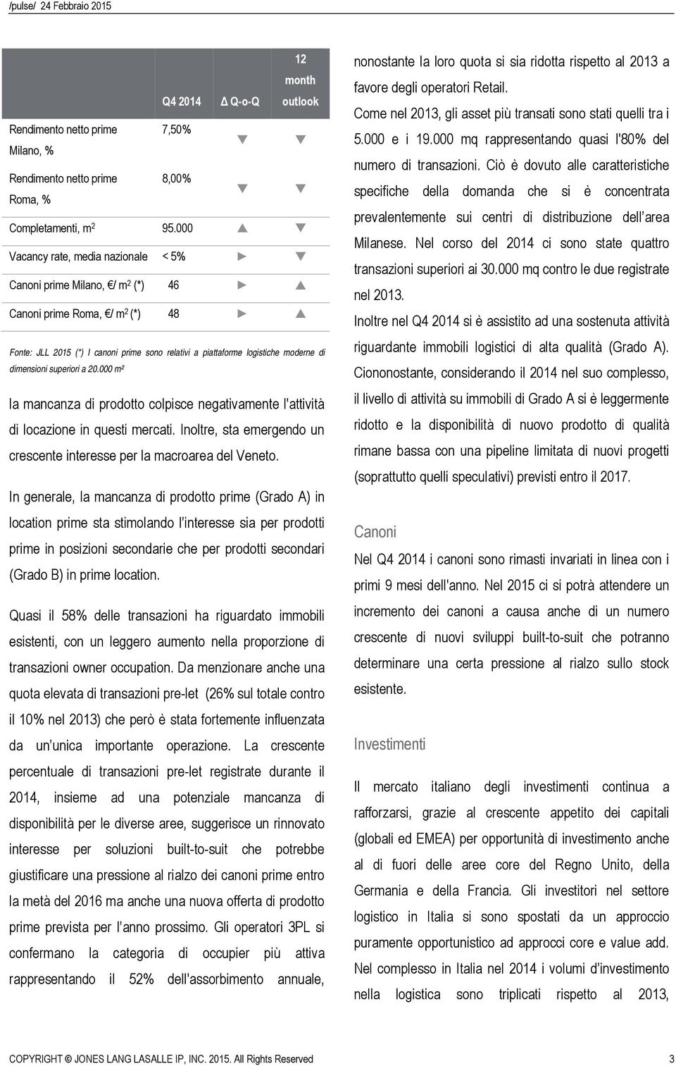 dimensioni superiori a 20.000 m² la mancanza di prodotto colpisce negativamente l'attività di locazione in questi mercati. Inoltre, sta emergendo un crescente interesse per la macroarea del Veneto.