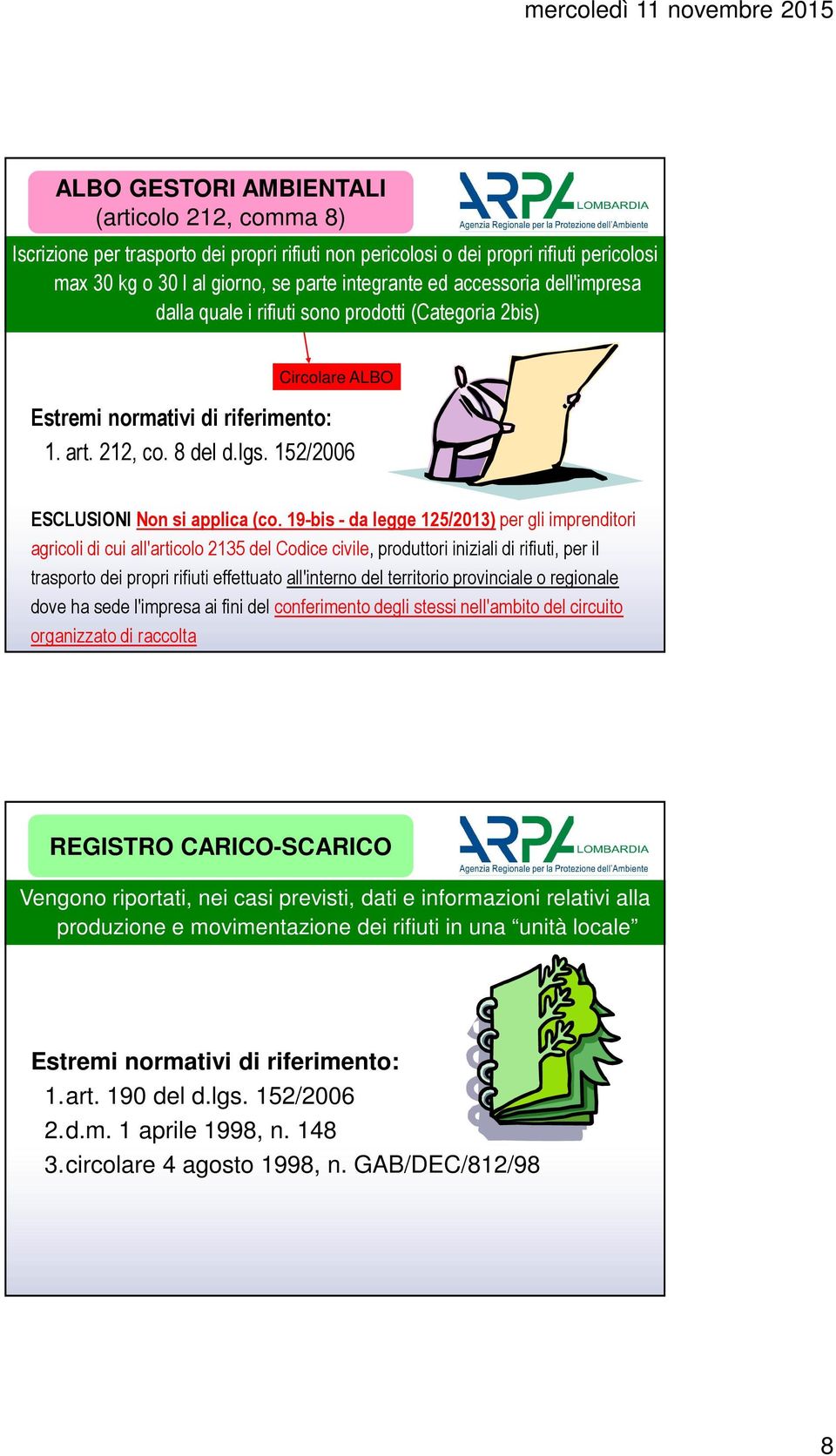 19-bis - da legge 125/2013) per gli imprenditori agricoli di cui all'articolo 2135 del Codice civile, produttori iniziali di rifiuti, per il trasporto dei propri rifiuti effettuato all'interno del