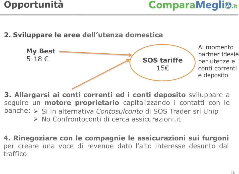 3. Allargarsi ai conti correnti ed i conti deposito sviluppare a seguire un motore proprietario capitalizzando i contatti con le