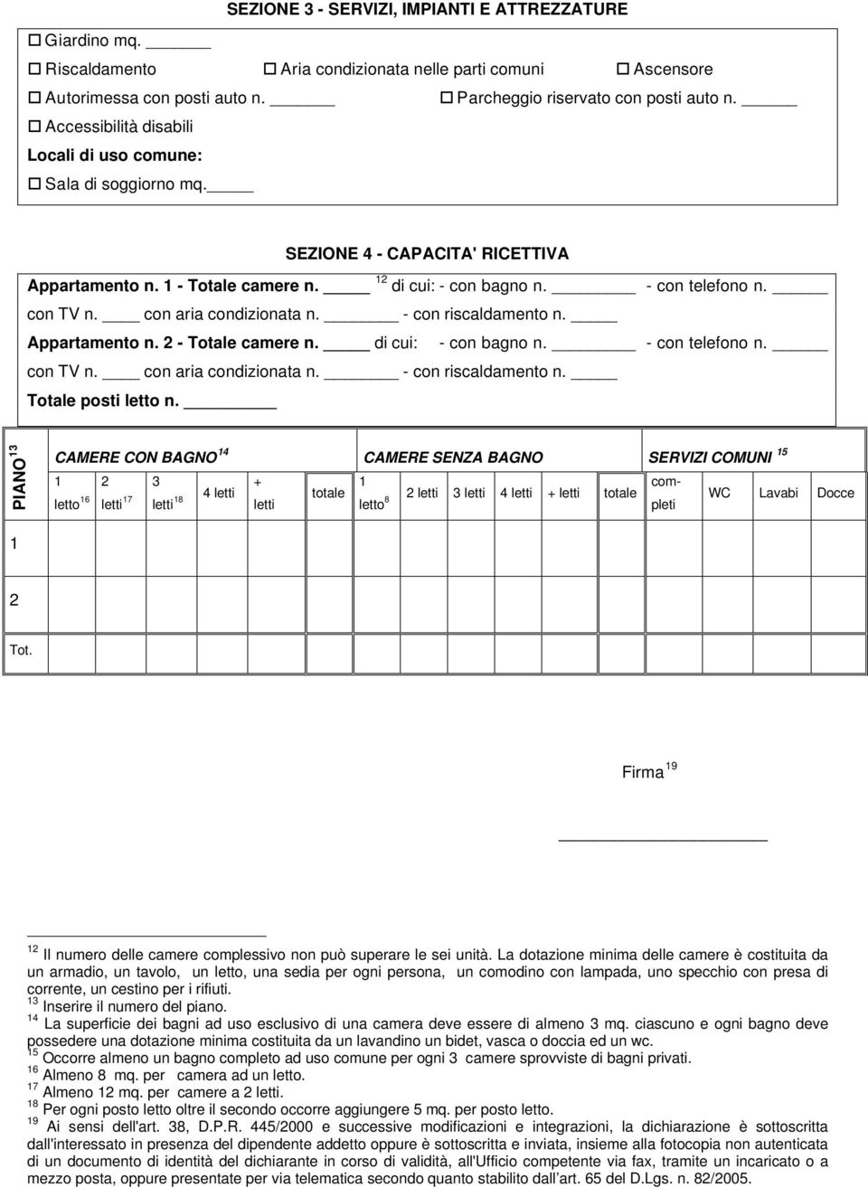 con aria condizionata n. - con riscaldamento n. Appartamento n. 2 - Totale camere n. di cui: - con bagno n. - con telefono n. con TV n. con aria condizionata n. - con riscaldamento n. Totale posti letto n.