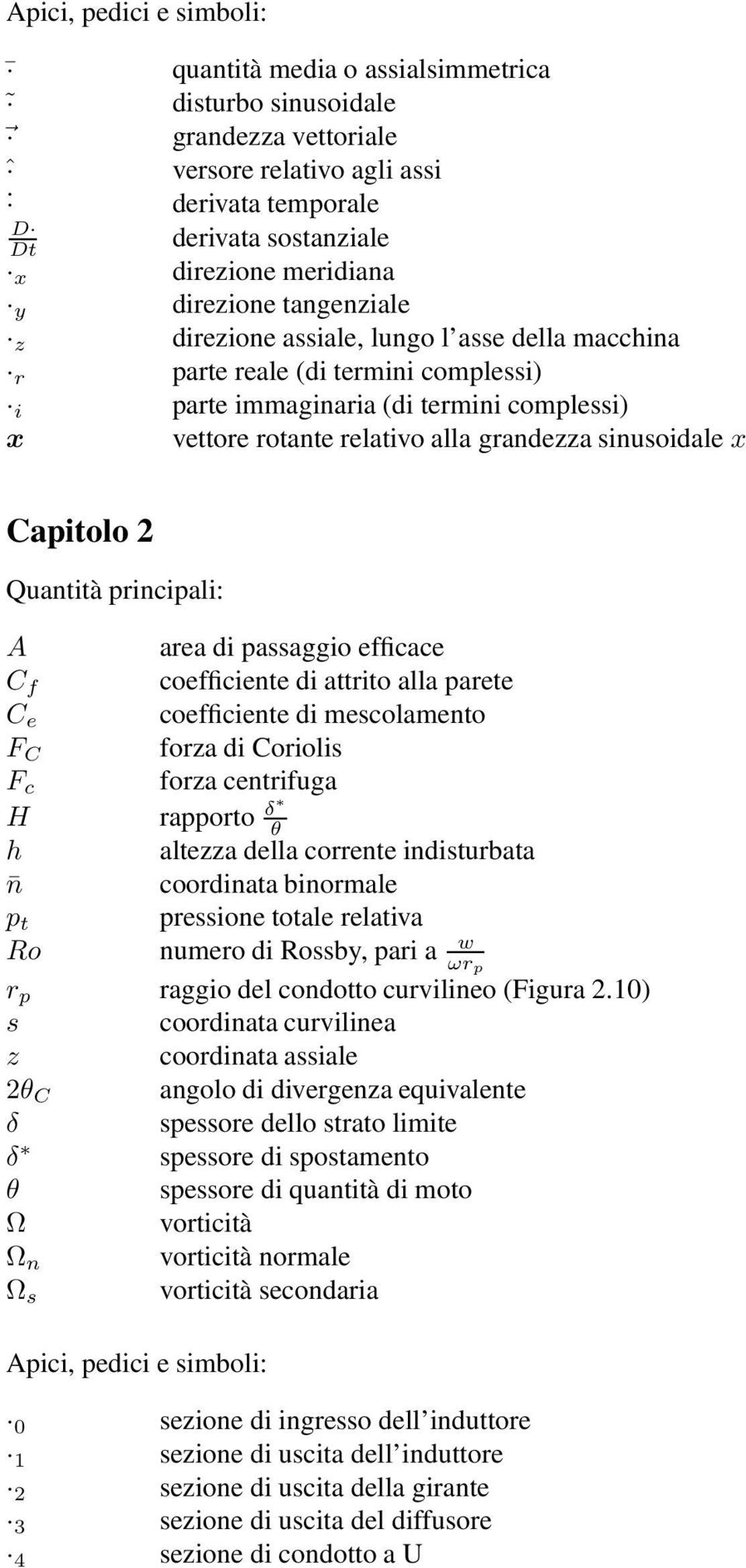 sinusoidale x Capitolo Quantità principali: A area di passaggio efficace C f coefficiente di attrito alla parete C e coefficiente di mescolamento F C forza di Coriolis F c forza centrifuga H rapporto