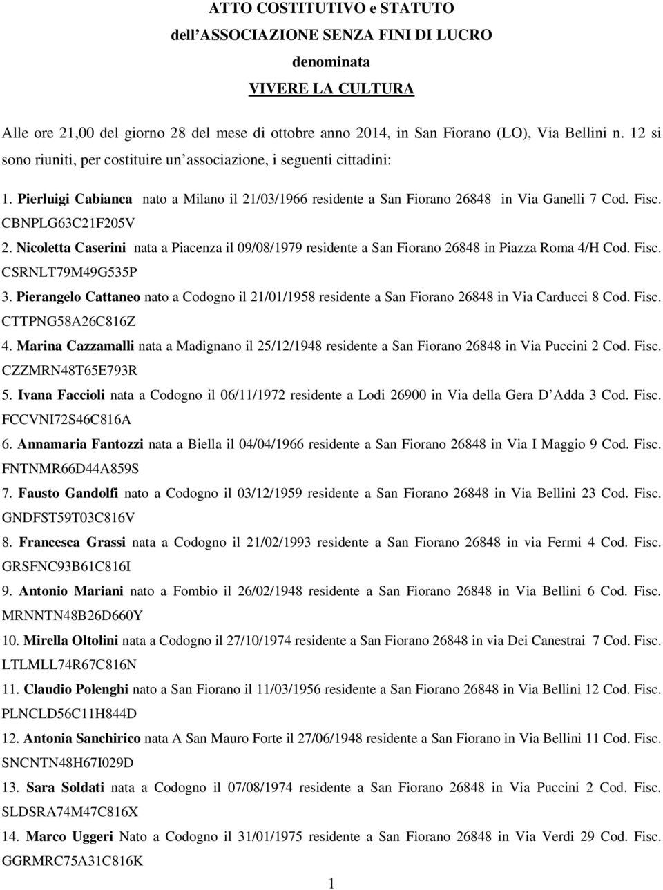 CBNPLG63C21F205V 2. Nicoletta Caserini nata a Piacenza il 09/08/1979 residente a San Fiorano 26848 in Piazza Roma 4/H Cod. Fisc. CSRNLT79M49G535P 3.