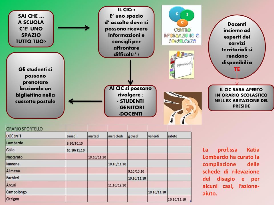 Al CIC si possono rivolgere : - STUDENTI - GENITORI -DOCENTI Docenti insieme ad esperti dei servizi territoriali si rendono disponibili a TE