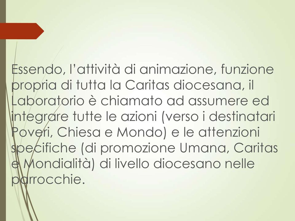 azioni (verso i destinatari Poveri, Chiesa e Mondo) e le attenzioni