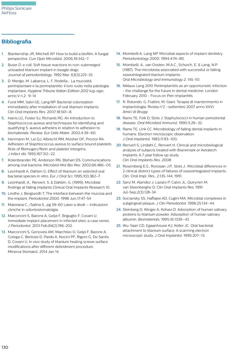 : La mucosità perimplantare e la perimplantite: il loro ruolo nella patologia implantare. Hygiene Tribune Italian Edition 2012 lug-ago; anno V n.2: 9-14 4. Furst MM, Salvi GE, Lang NP.