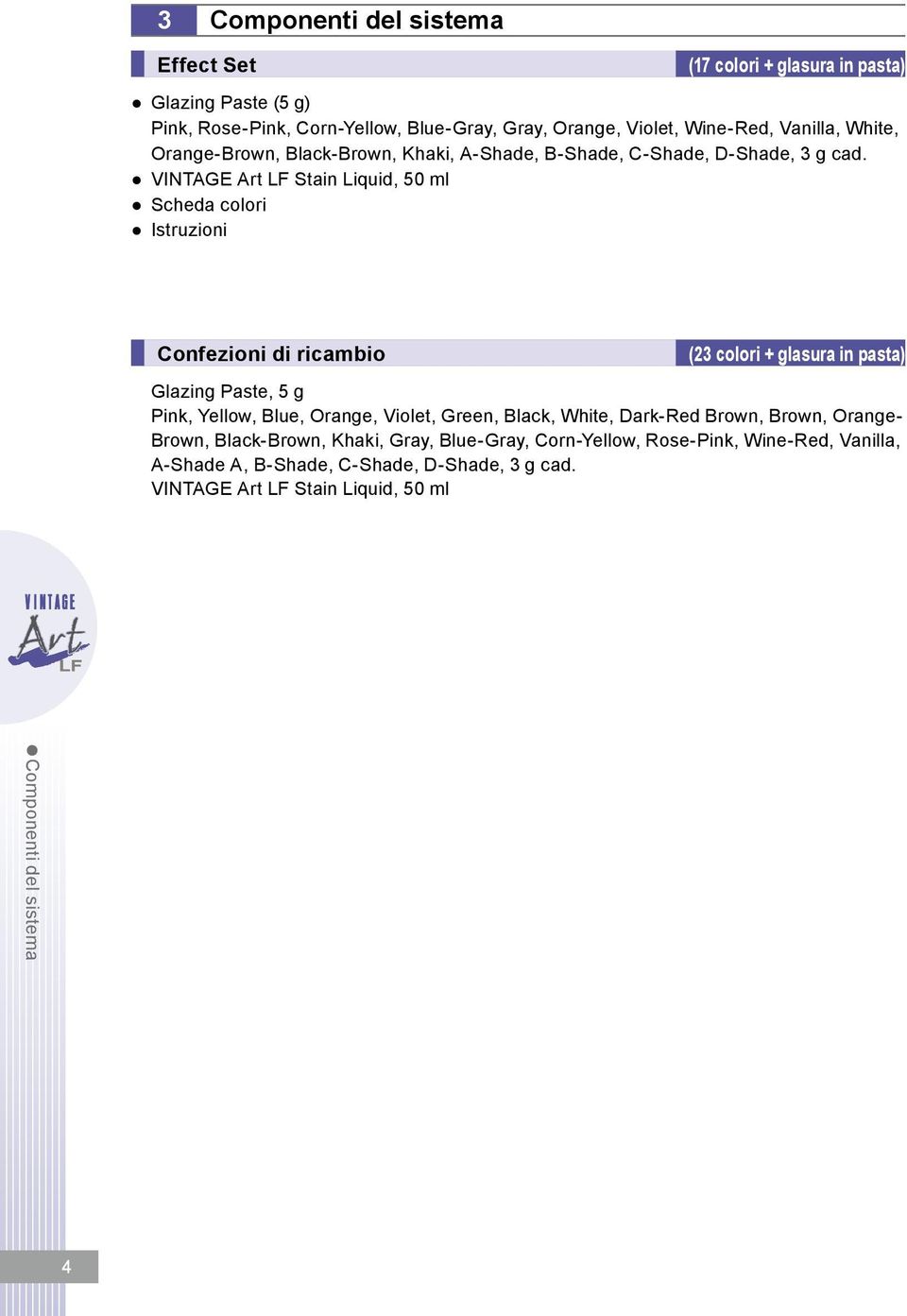 VINTAGE Art LF Stain Liquid, 50 ml Scheda colori Istruzioni Confezioni di ricambio (23 colori + glasura in pasta) Glazing Paste, 5 g Pink, Yellow, Blue, Orange,