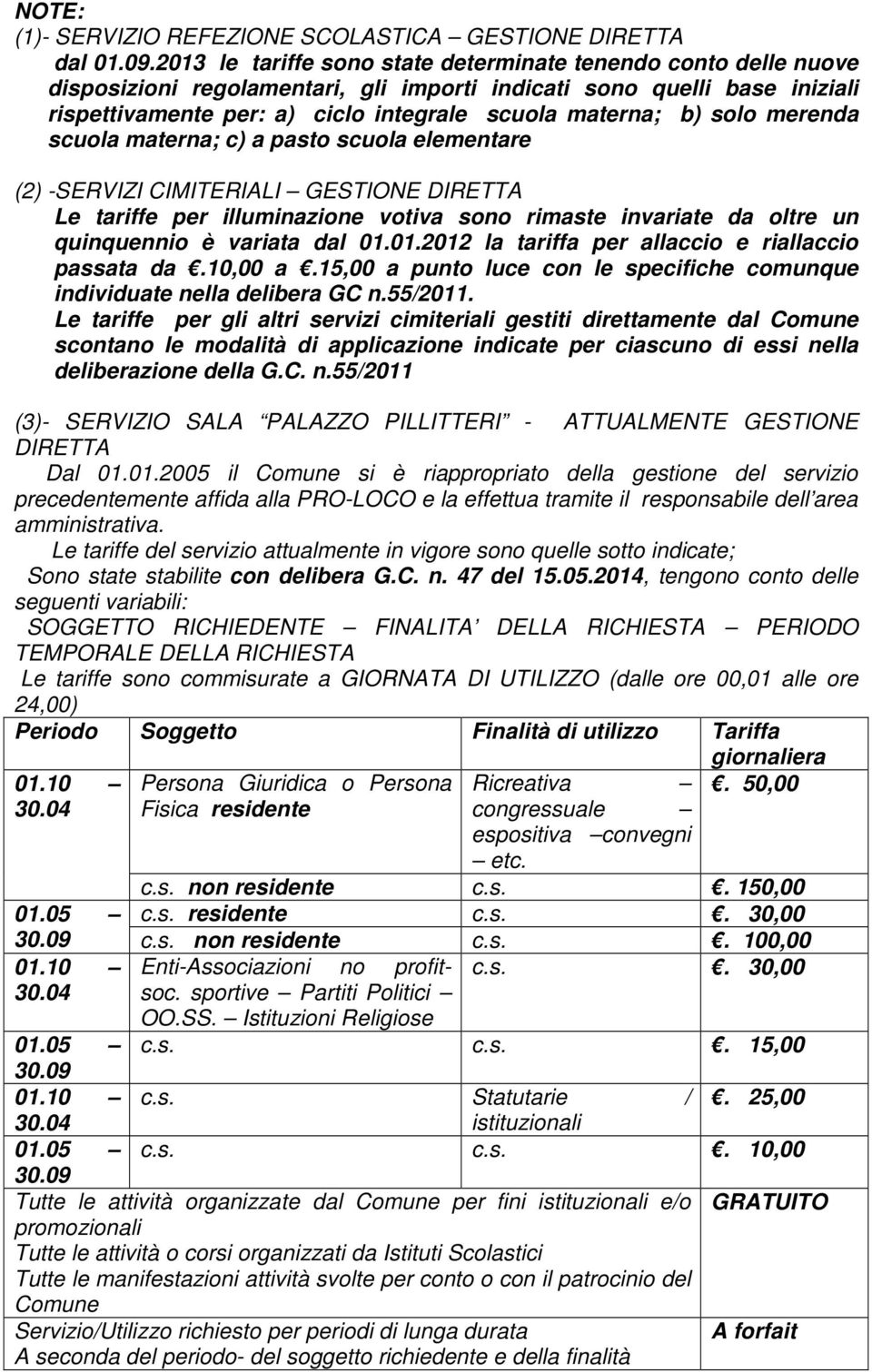 solo merenda scuola materna; c) a pasto scuola elementare (2) -SERVIZI CIMITERIALI GESTIONE DIRETTA Le tariffe per illuminazione votiva sono rimaste invariate da oltre un quinquennio è variata dal 01.