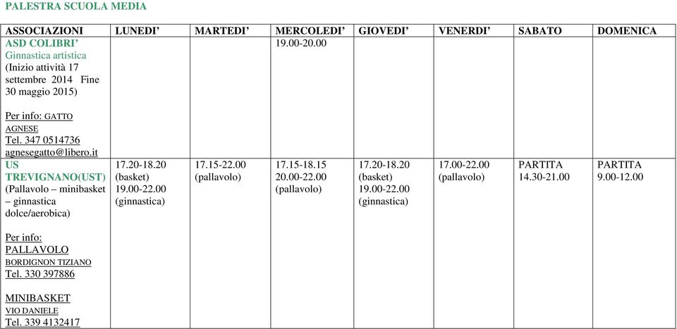 it US TREVIGNANO(UST) (Pallavolo minibasket ginnastica dolce/aerobica) 17.20-18.20 (basket) 19.00-22.00 (ginnastica) 17.15-22.00 (pallavolo) 17.15-18.