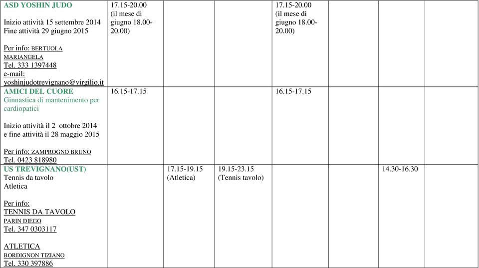15 16.15-17.15 Inizio attività il 2 ottobre 2014 e fine attività il 28 maggio 2015 ZAMPROGNO BRUNO Tel.