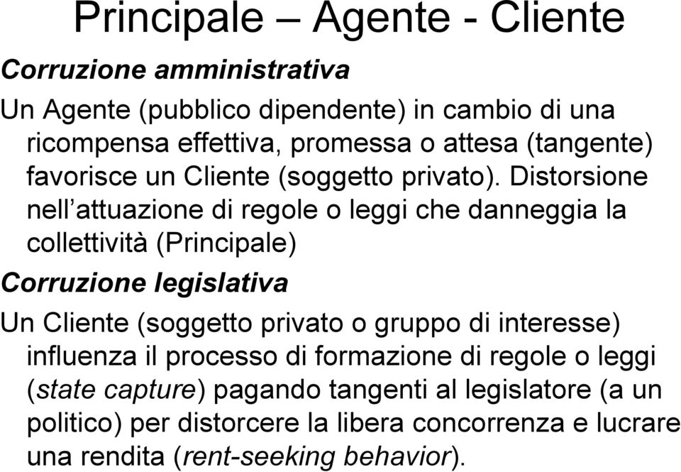 Distorsione nell attuazione di regole o leggi che danneggia la collettività (Principale) Corruzione legislativa Un Cliente (soggetto