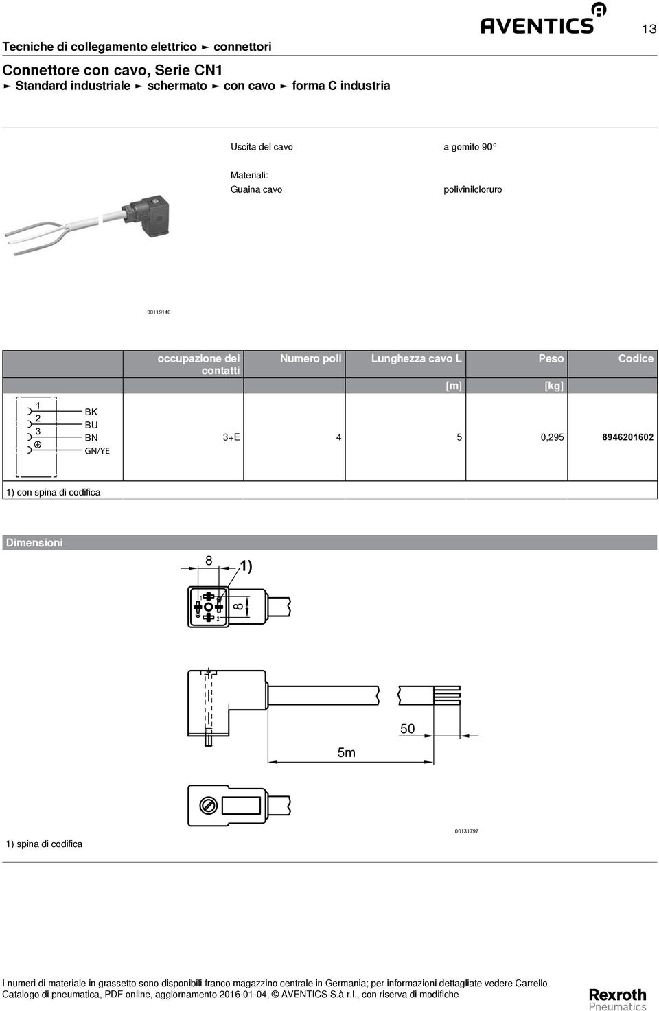 Lunghezza cavo L Peso Codice [m] [kg] 3 BK BU BN GN/YE 3+E 5 0,95 896060 ) con spina di codifica Dimensioni 8 ) 8 5m 50 )