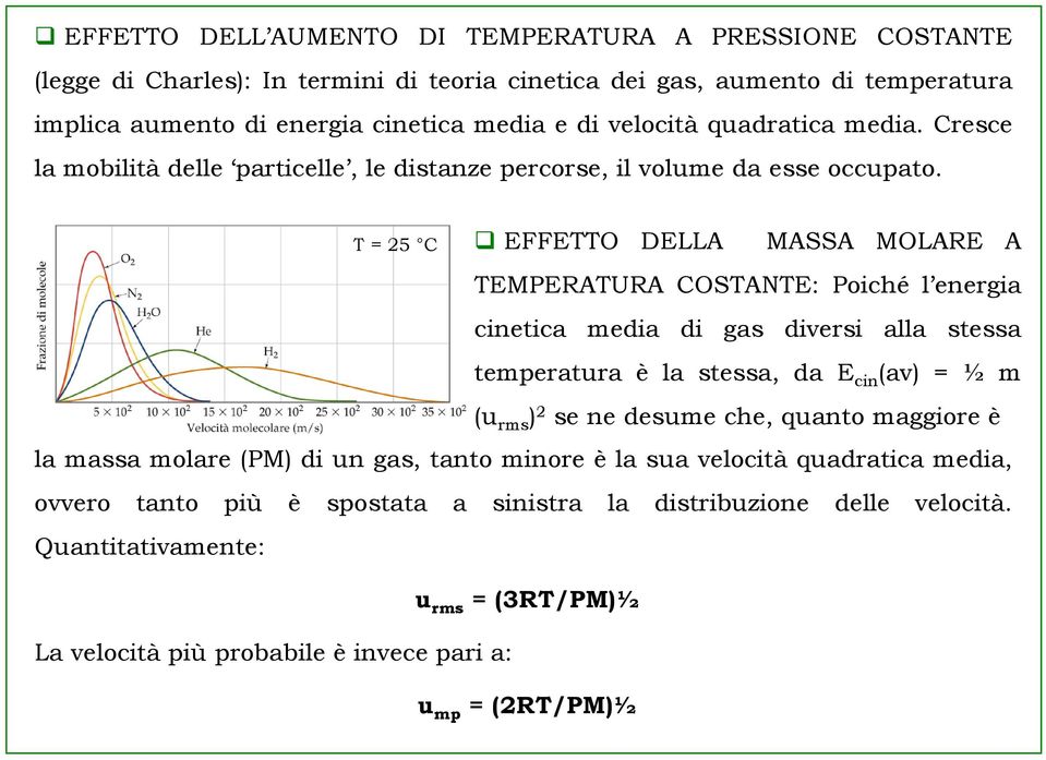 T = 25 C EFFETTO DELLA MASSA MOLARE A TEMPERATURA COSTANTE: Poiché l energia cinetica media di gas diversi alla stessa temperatura è la stessa, da E cin (av) = ½ m (u rms ) 2 se ne desume