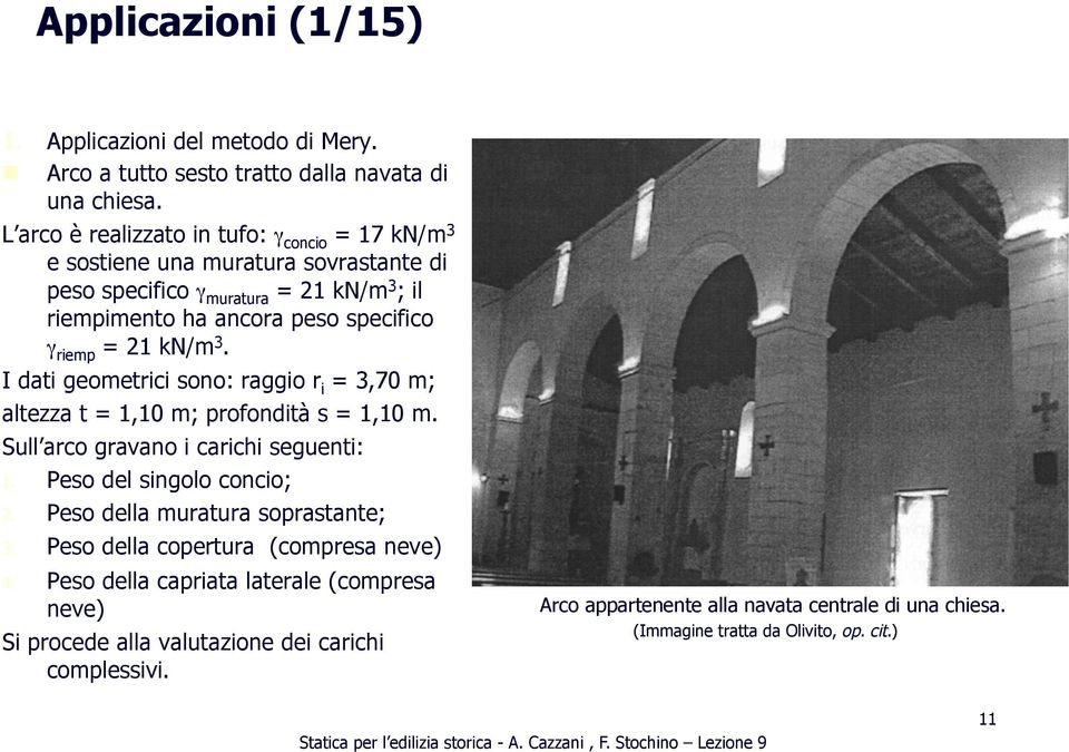 kn/m 3. I dati geometrici sono: raggio r i = 3,70 m; altezza t = 1,10 m; profondità s = 1,10 m. Sull arco gravano i carichi seguenti: 1. Peso del singolo concio; 2.