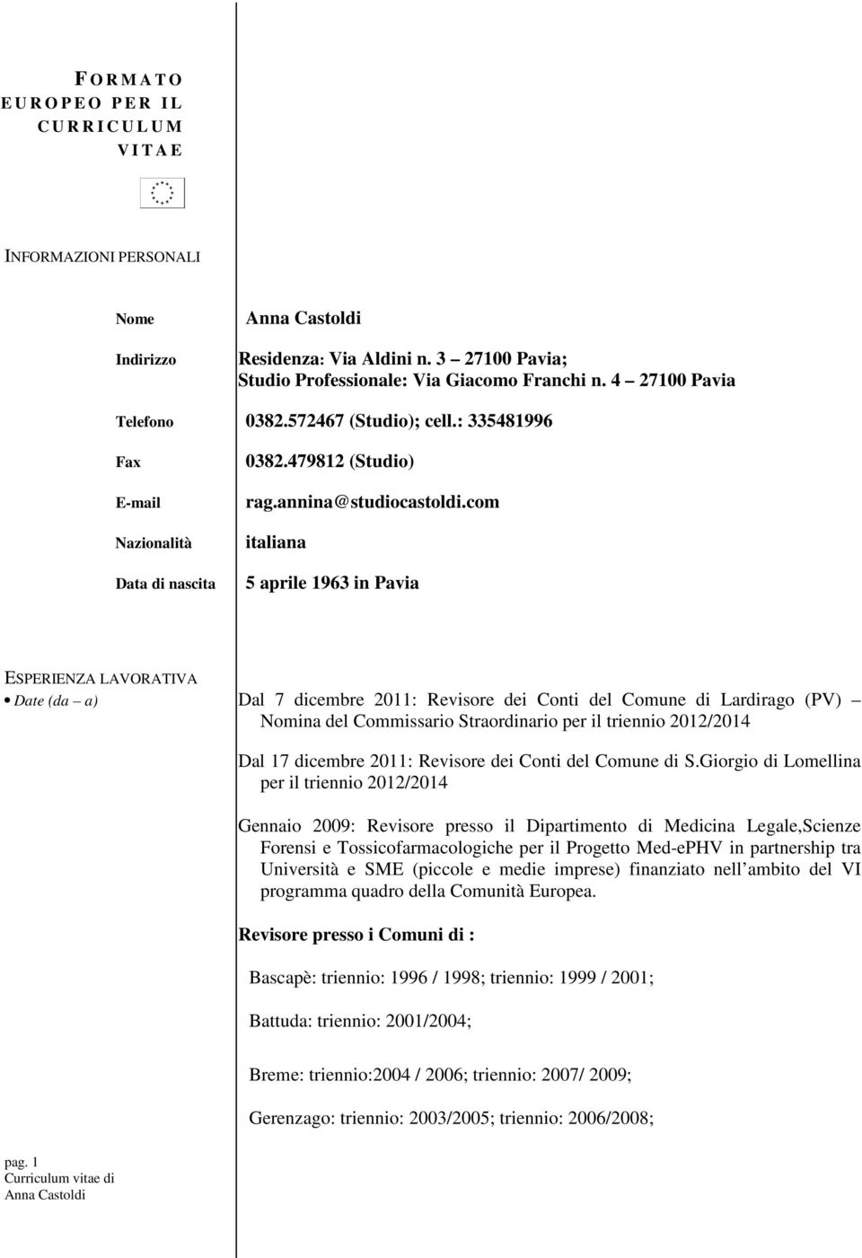 com italiana 5 aprile 1963 in Pavia ESPERIENZA LAVORATIVA Date (da a) Dal 7 dicembre 2011: Revisore dei Conti del Comune di Lardirago (PV) Nomina del Commissario Straordinario per il triennio