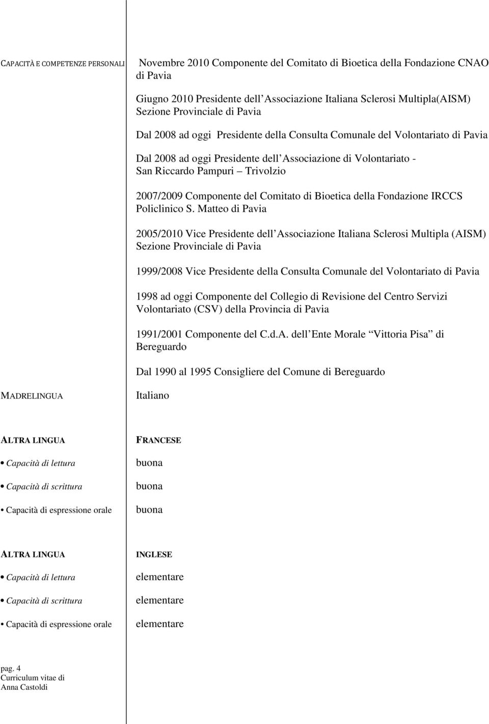 2007/2009 Componente del Comitato di Bioetica della Fondazione IRCCS Policlinico S.