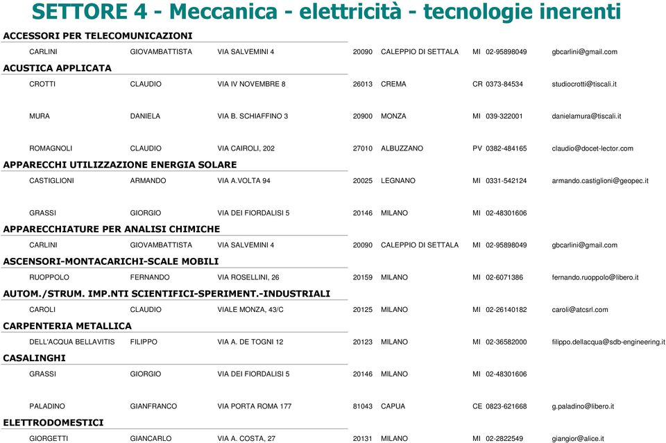 com APPARECCHI UTILIZZAZIONE ENERGIA SOLARE CASTIGLIONI ARMANDO VIA A.VOLTA 94 20025 LEGNANO MI 0331-542124 armando.castiglioni@geopec.