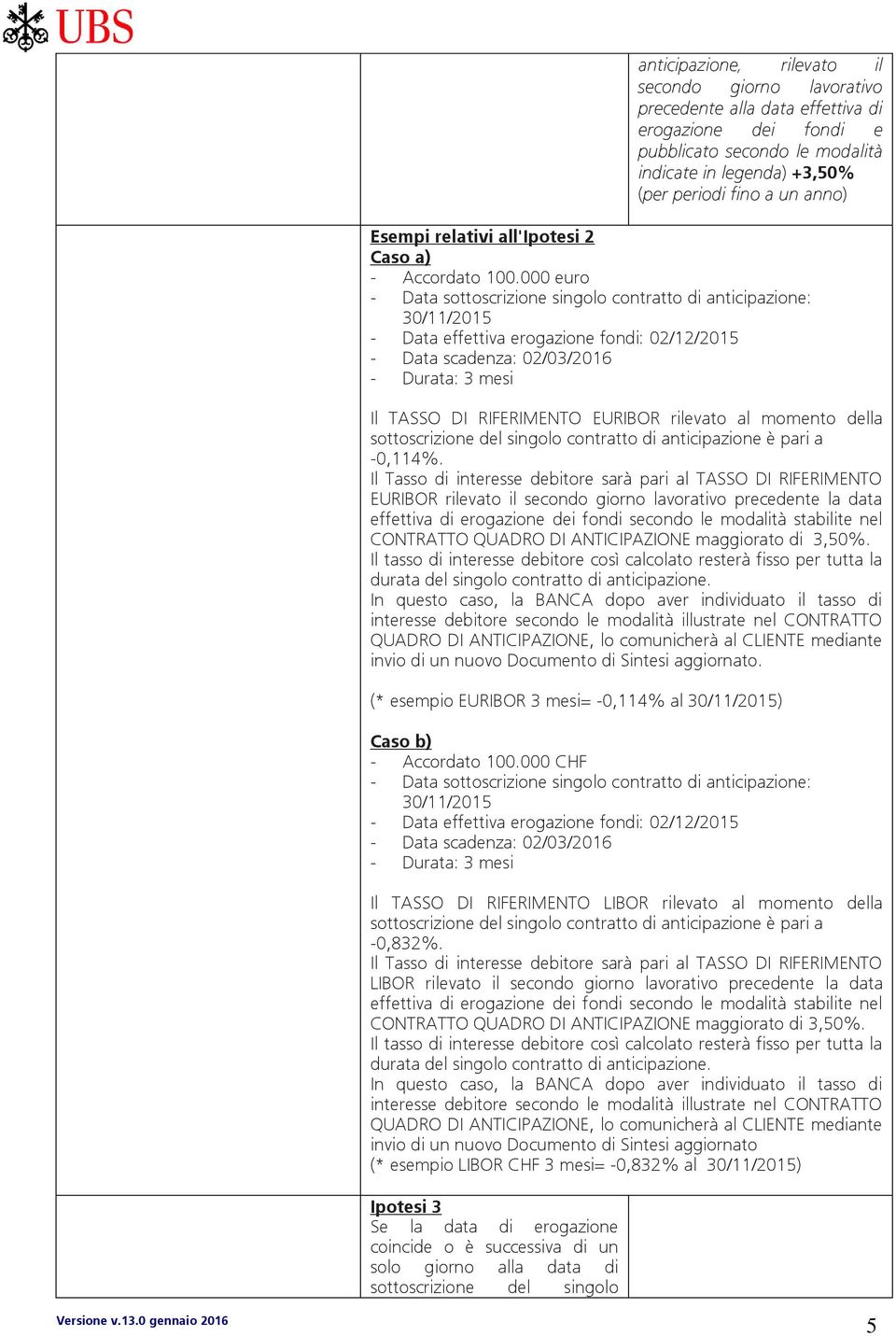 000 euro - Data sottoscrizione singolo contratto di anticipazione: 30/11/2015 - Data effettiva erogazione fondi: 02/12/2015 - Data scadenza: 02/03/2016 Il TASSO DI RIFERIMENTO EURIBOR rilevato al