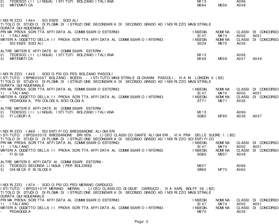 LONGON 3 (BZ) - PEDAGOGIA, PSICOLOGIA,SOCIOLOGIA ST71 M671 A036 3) FILOSOFIA SG82 M780 A036 A037 INDIRIZZO: IA69 - SCIENTIFICO BRESSANONE ALIGHIERI ISTITUTO: IBPC00201E BRESSANONE.BRIXEN.