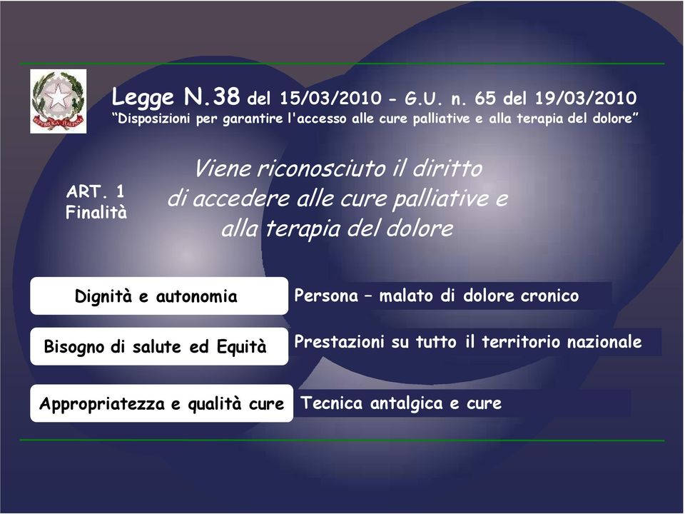 1 Finalità Viene riconosciuto il diritto di accedere alle cure palliative e alla terapia del dolore