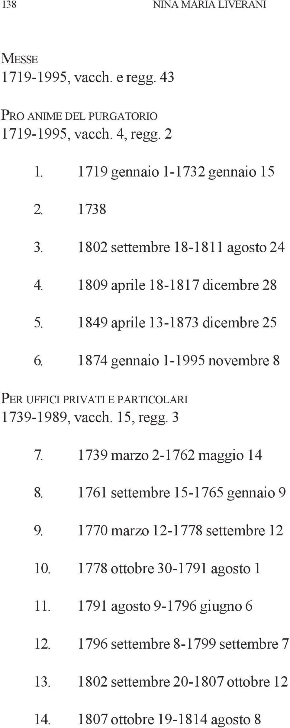 1874 gennaio 1-1995 novembre 8 PER UFFICI PRIVATI E PARTICOLARI 1739-1989, vacch. 15, regg. 3 7. 1739 marzo 2-1762 maggio 14 8.