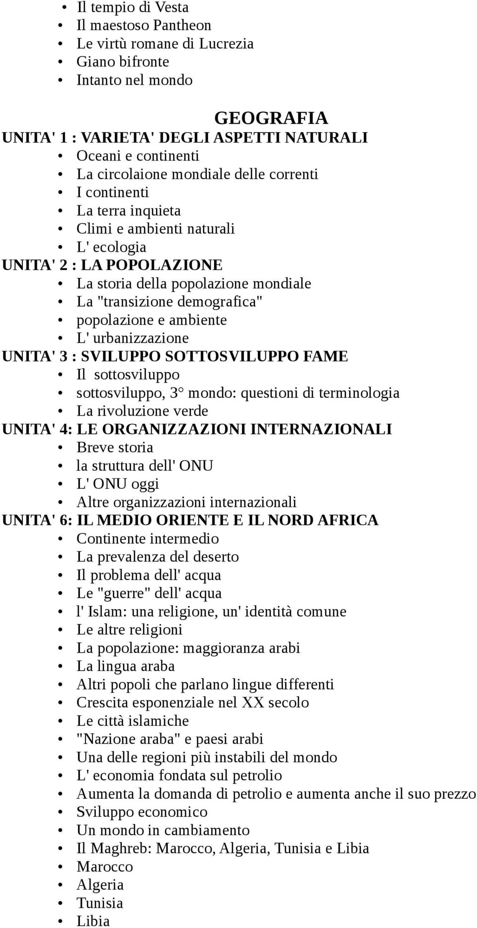 L' urbanizzazione UNITA' 3 : SVILUPPO SOTTOSVILUPPO FAME Il sottosviluppo sottosviluppo, 3 mondo: questioni di terminologia La rivoluzione verde UNITA' 4: LE ORGANIZZAZIONI INTERNAZIONALI Breve