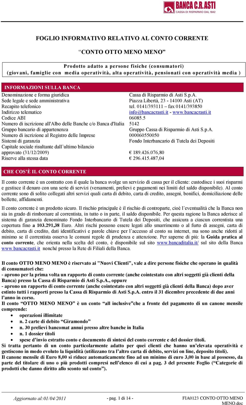 0141/393111 fax 0141/393850 Indirizzo telematico info@bancacrasti.it - www.bancacrasti.it Codice ABI 06085.