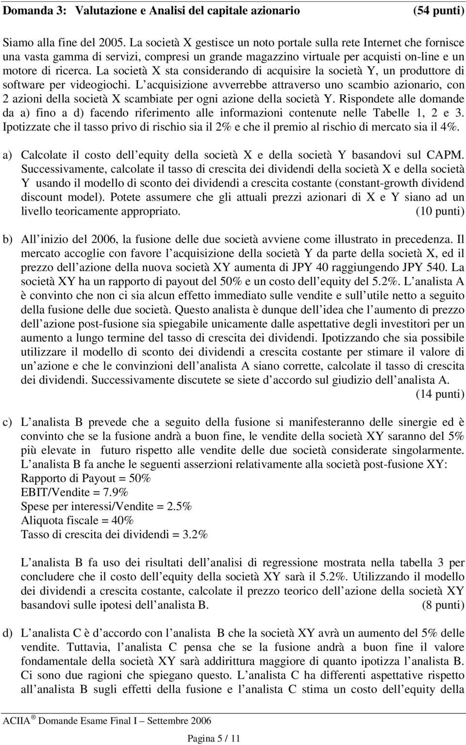 La società X sta considerando di acquisire la società Y, un produttore di software per videogiochi.