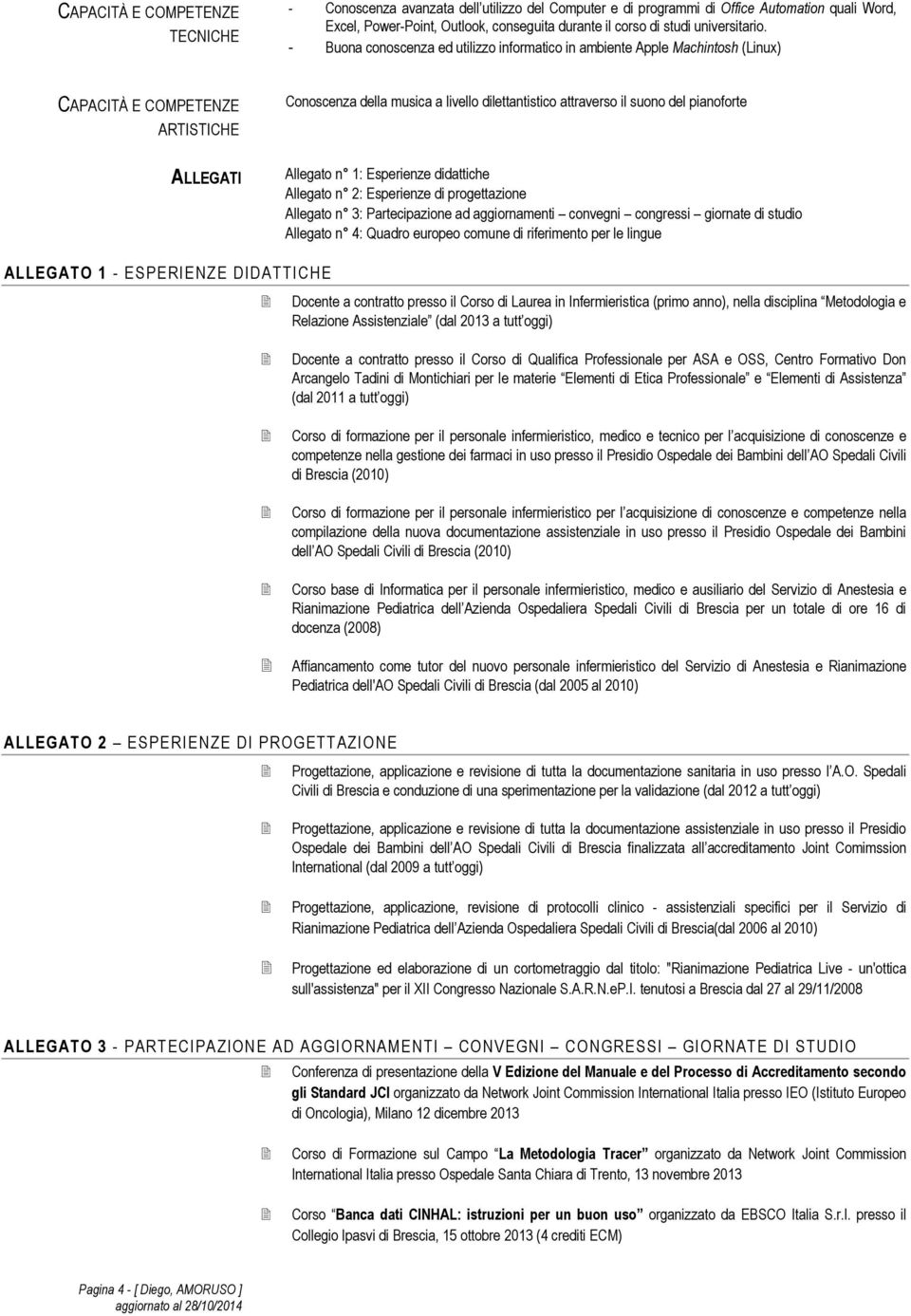 Esperienze didattiche Allegato n 2: Esperienze di progettazione Allegato n 3: Partecipazione ad aggiornamenti convegni congressi giornate di studio Allegato n 4: Quadro europeo comune di riferimento