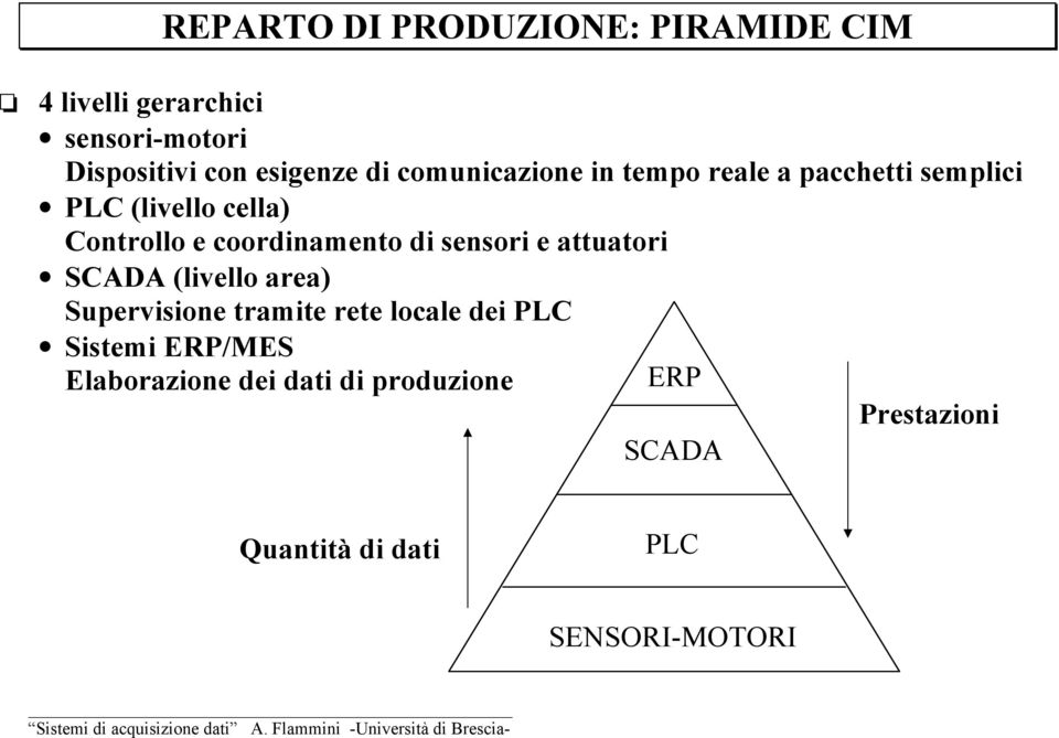 coordinamento di sensori e attuatori SCADA (livello area) Supervisione tramite rete locale dei