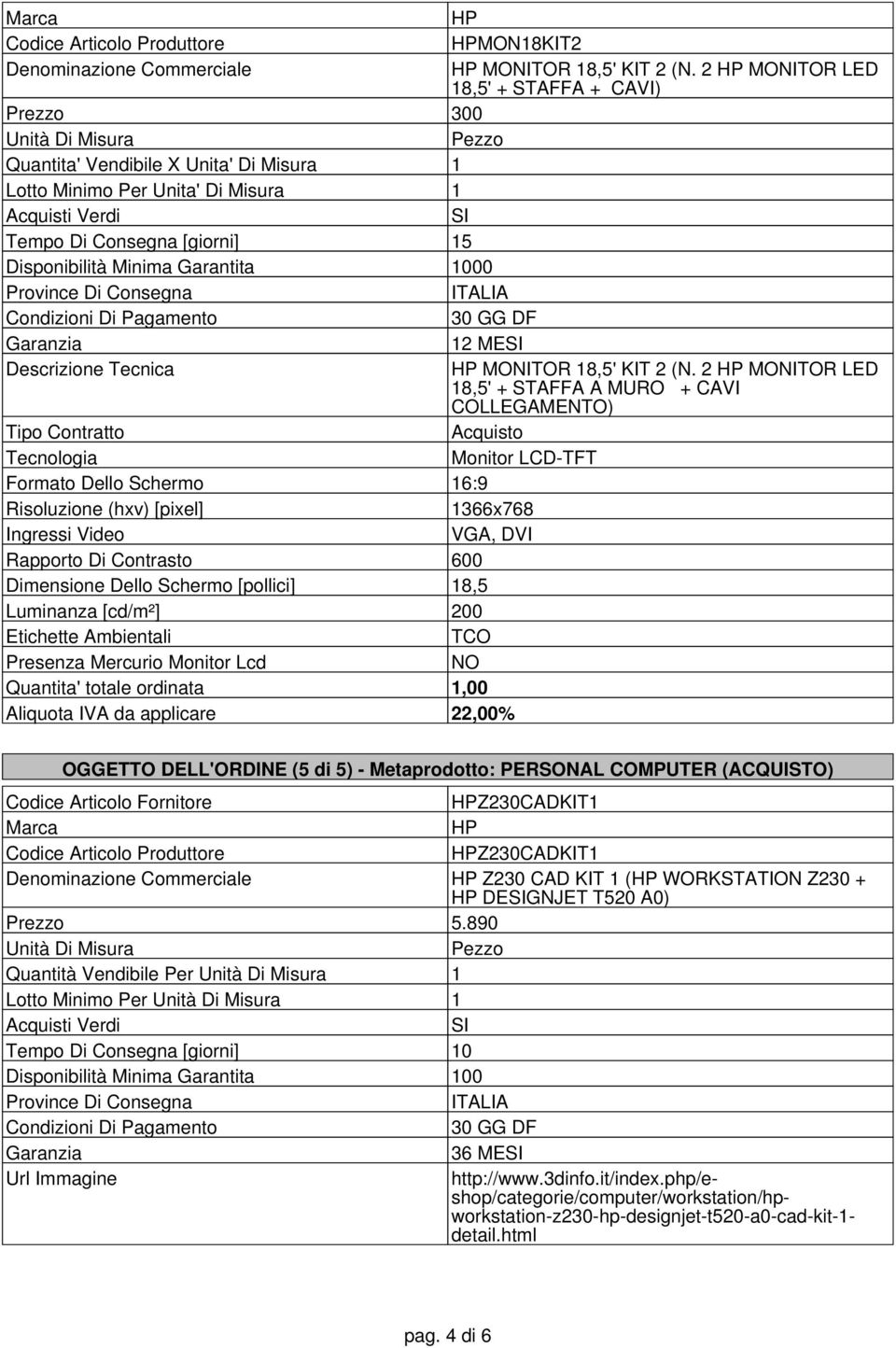 Descrizione Tecnica HP MONITOR 18,5' KIT 2 (N.