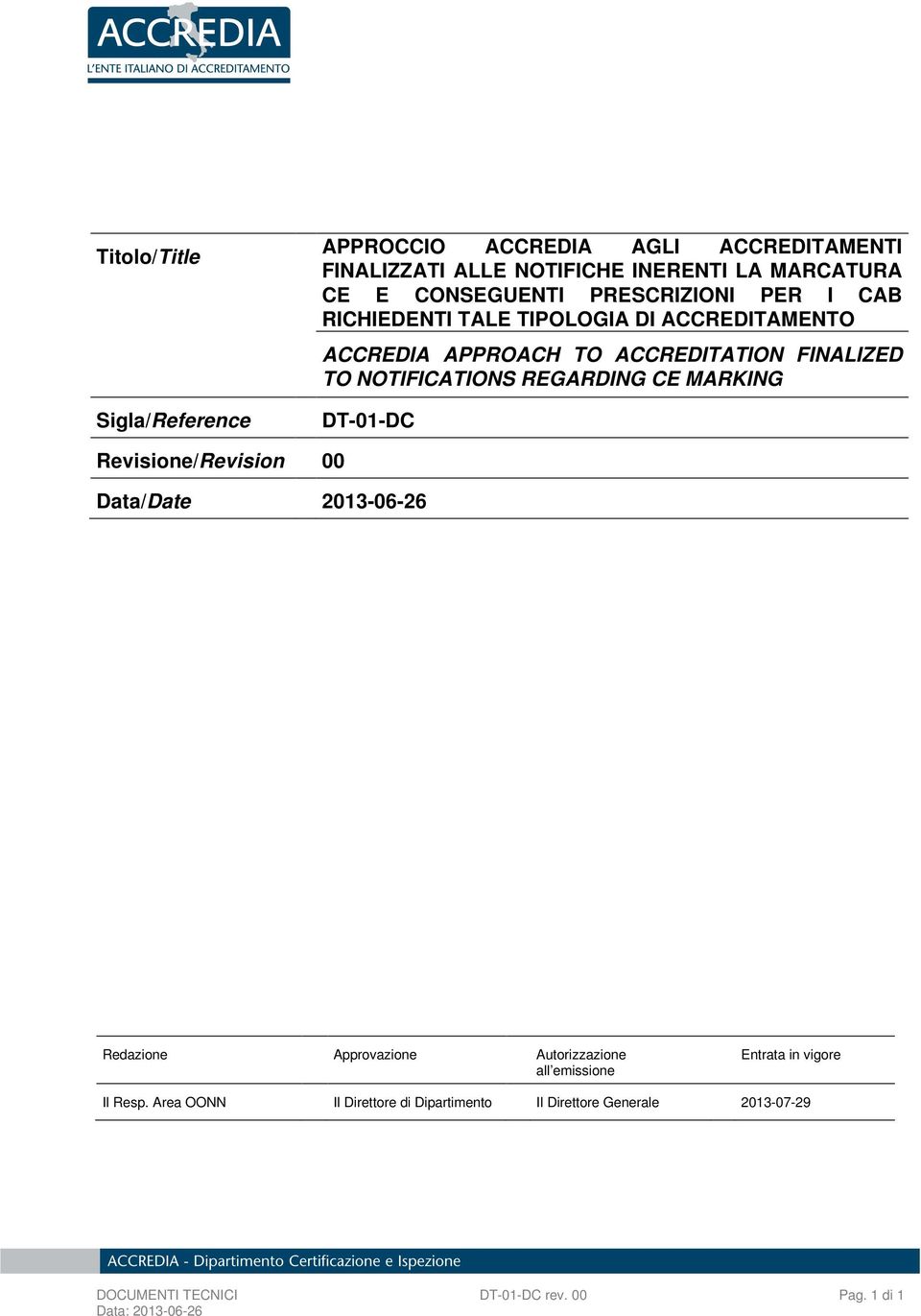 REGARDING CE MARKING DT-01-DC Revisione/Revision 00 Data/Date 2013-06-26 Redazione Approvazione Autorizzazione all emissione Entrata