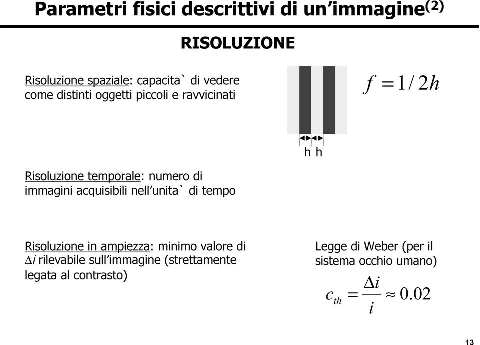 immagini acquisibili nell unita` di tempo Risoluzione in ampiezza: minimo valore di i