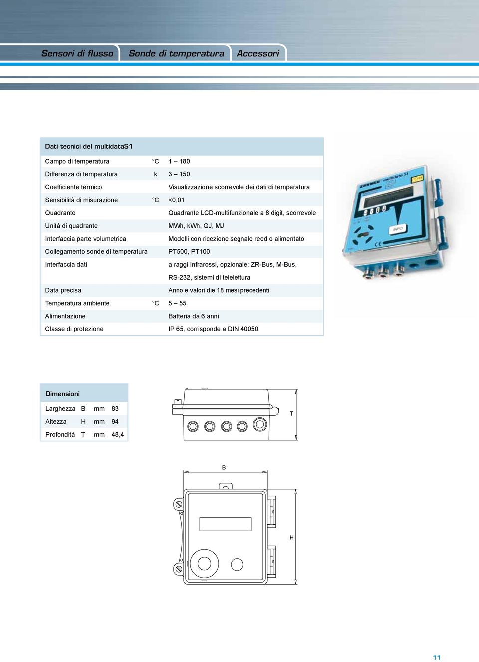 digit, scorrevole MWh, kwh, GJ, MJ Modelli con ricezione segnale reed o alimentato PT500, PT100 a raggi Infrarossi, opzionale: ZR-Bus, M-Bus, RS-232, sistemi di telelettura Data precisa Anno e valori