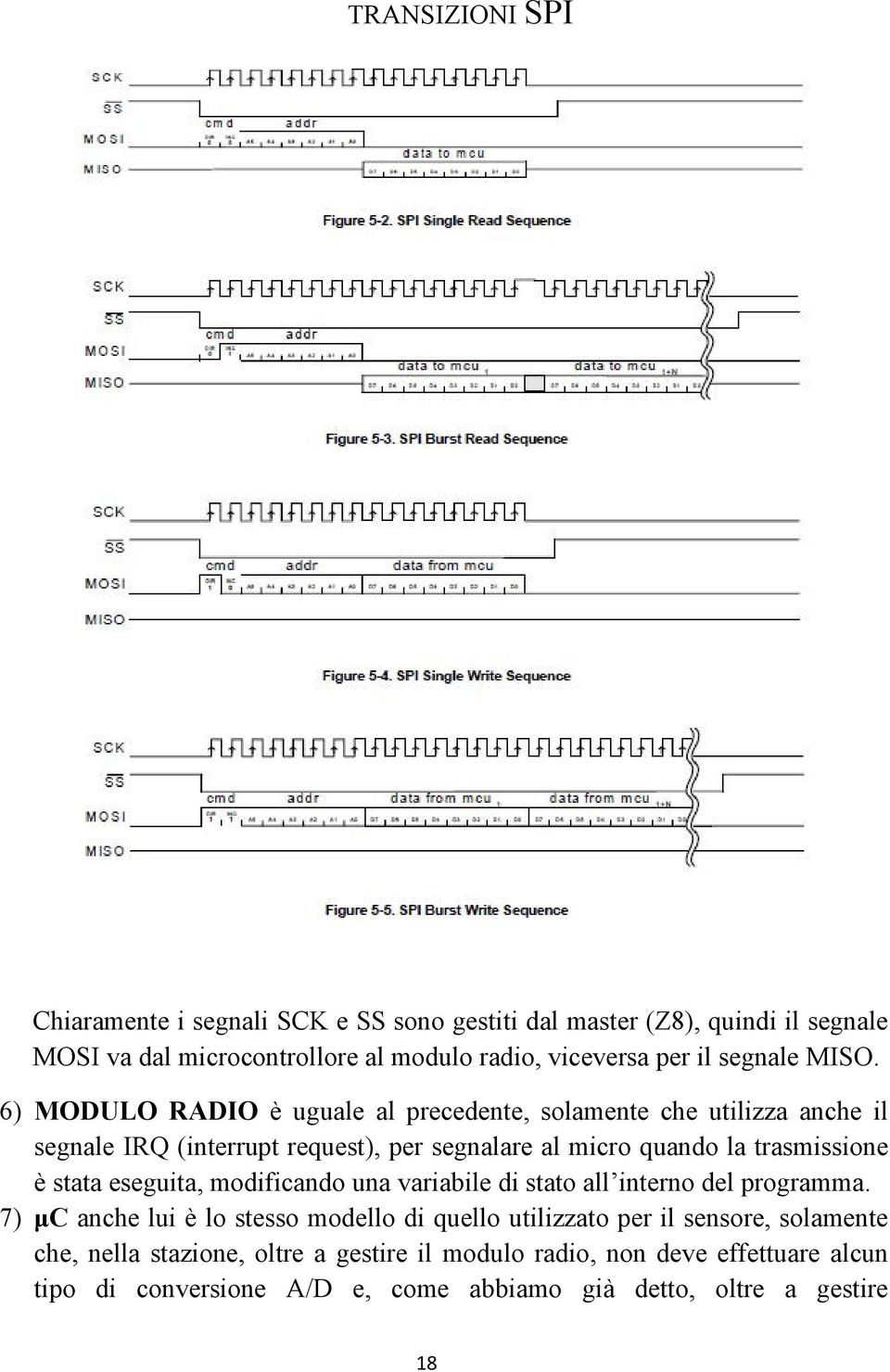 6) MODULO RADIO è uguale al precedente, solamente che utilizza anche il segnale IRQ (interrupt request), per segnalare al micro quando la trasmissione è stata