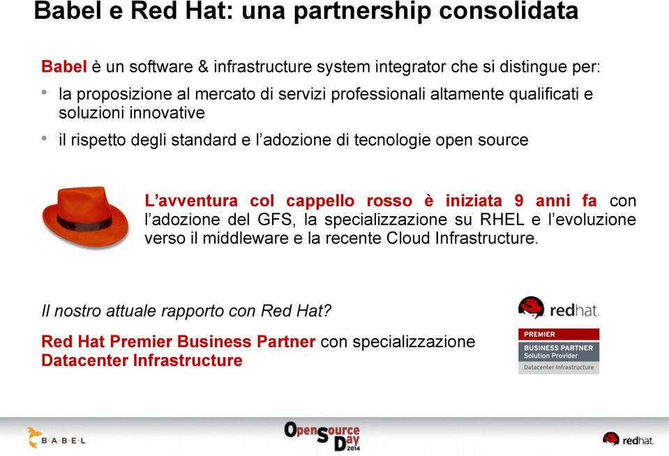 L avventura col cappello rosso è iniziata 9 anni fa con l adozione del GFS, la specializzazione su RHEL e l evoluzione verso il middleware e la