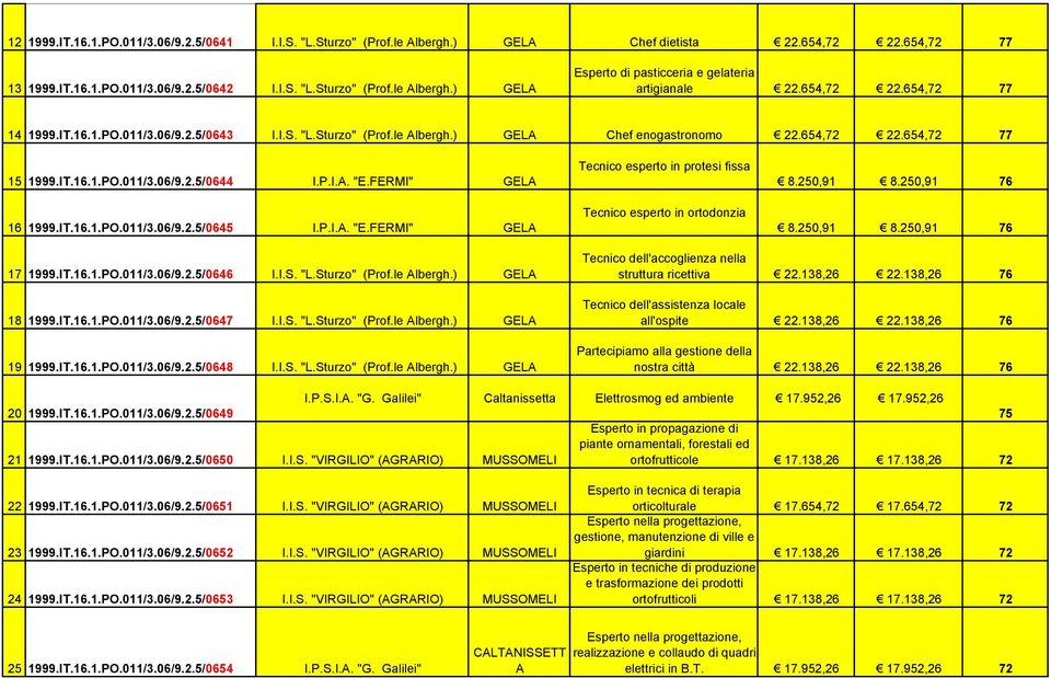 FERMI" GELA 16 1999.IT.16.1.PO.011/3.06/9.2.5/0645 I.P.I.A. "E.FERMI" GELA Tecnico esperto in protesi fissa Tecnico esperto in ortodonzia 8.250,91 8.250,91 76 8.250,91 8.250,91 76 17 1999.IT.16.1.PO.011/3.06/9.2.5/0646 I.