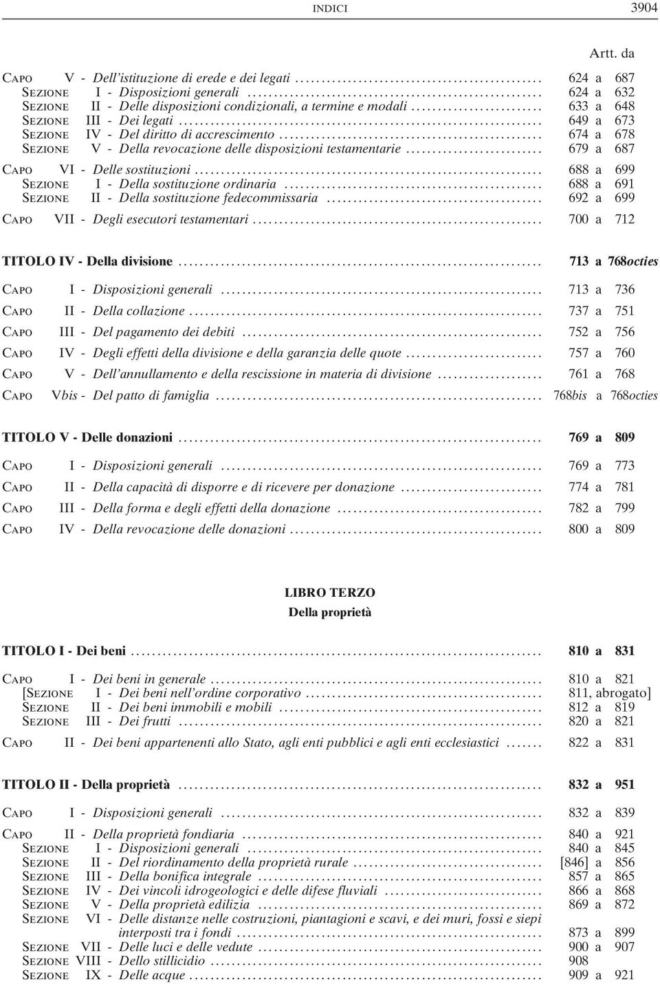 .. 679 a 687 Capo VI - Delle sostituzioni..... 688 a 699 Sezione I-Della sostituzione ordinaria... 688 a 691 Sezione II - Della sostituzione fedecommissaria.