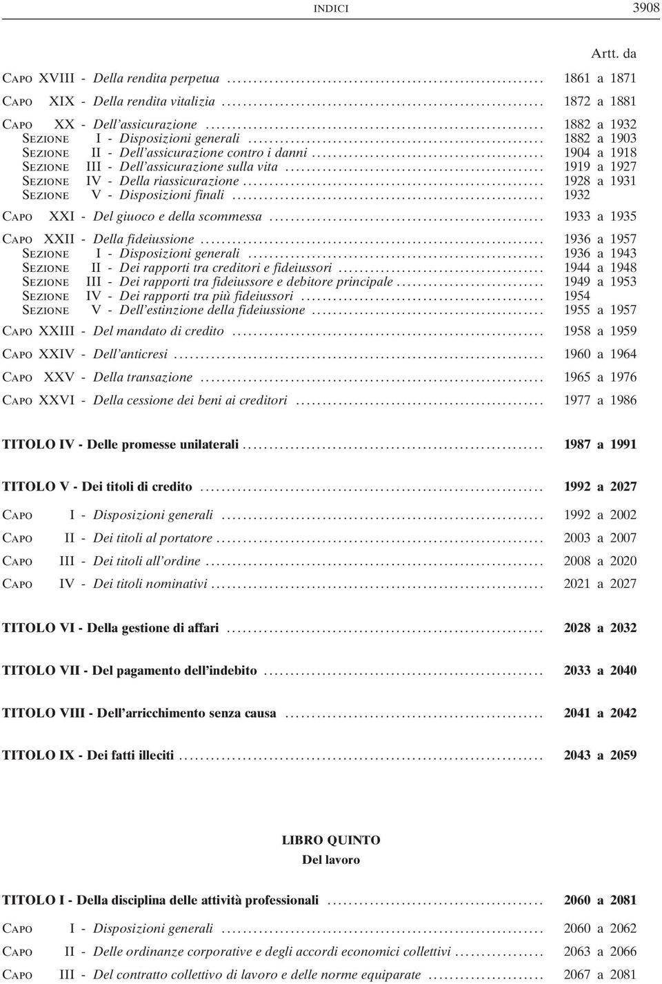 .. 1928 a 1931 Sezione V-Disposizioni finali... 1932 Capo XXI - Del giuoco e della scommessa... 1933 a 1935 Capo XXII - Della fideiussione.... 1936 a 1957 Sezione I-Disposizioni generali.