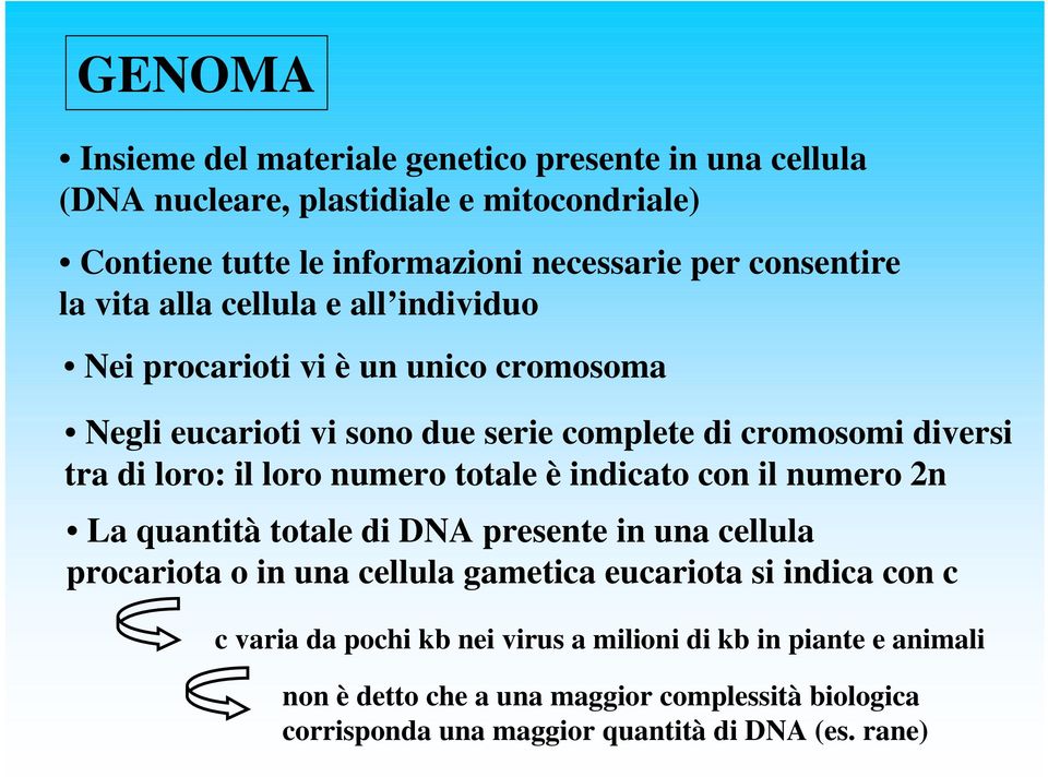 loro: il loro numero totale è indicato con il numero 2n La quantità totale di DNA presente in una cellula procariota o in una cellula gametica eucariota si