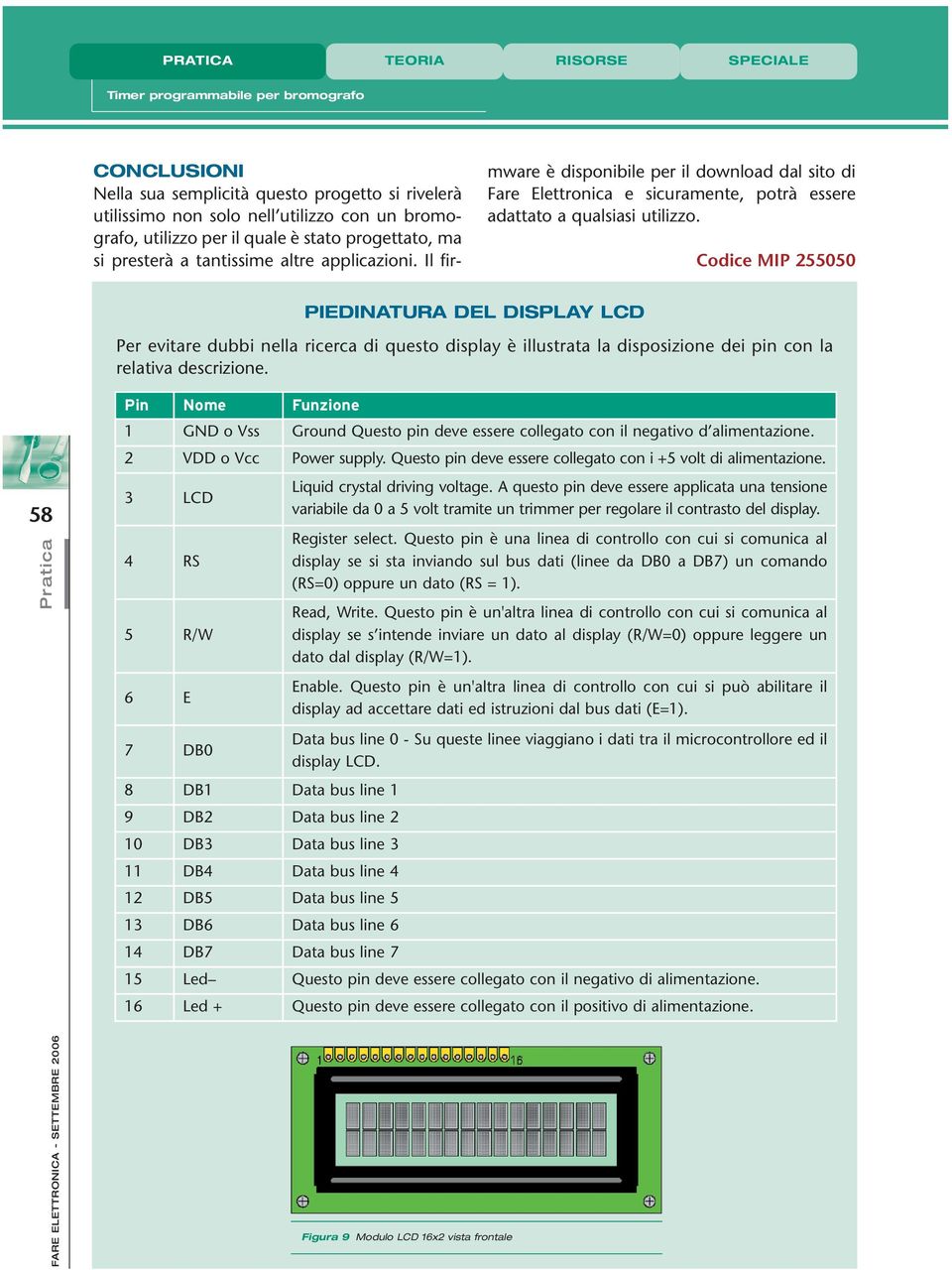 Codice MIP 255050 PIEDINATURA DEL DISPLAY LCD Per evitare dubbi nella ricerca di questo display è illustrata la disposizione dei pin con la relativa descrizione.
