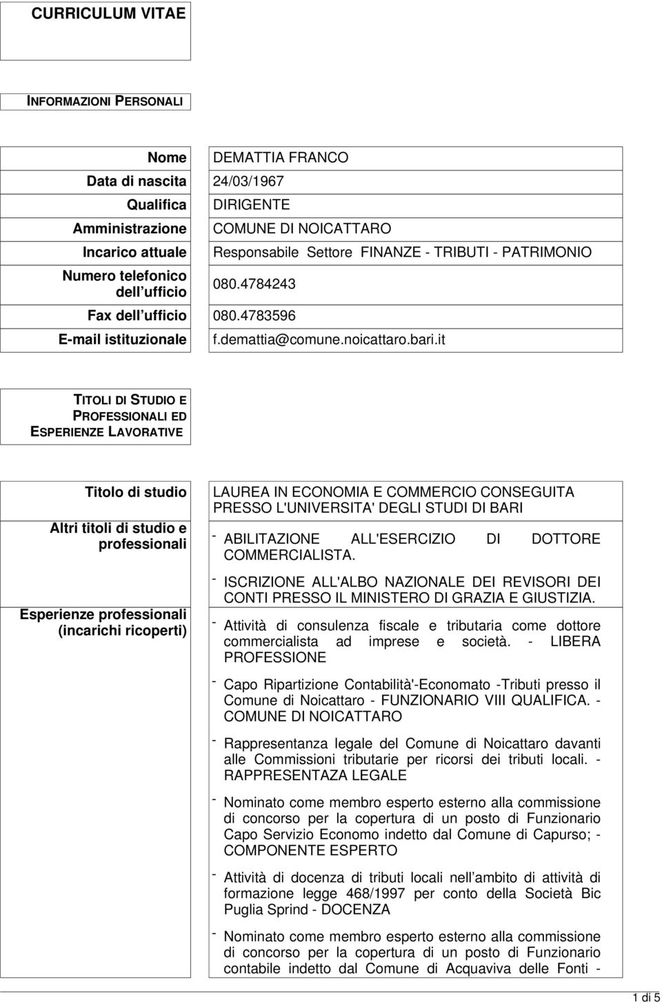 it TITOLI DI STUDIO E PROFESSIONALI ED ESPERIENZE LAVORATIVE Titolo di studio Altri titoli di studio e professionali Esperienze professionali (incarichi ricoperti) LAUREA IN ECONOMIA E COMMERCIO