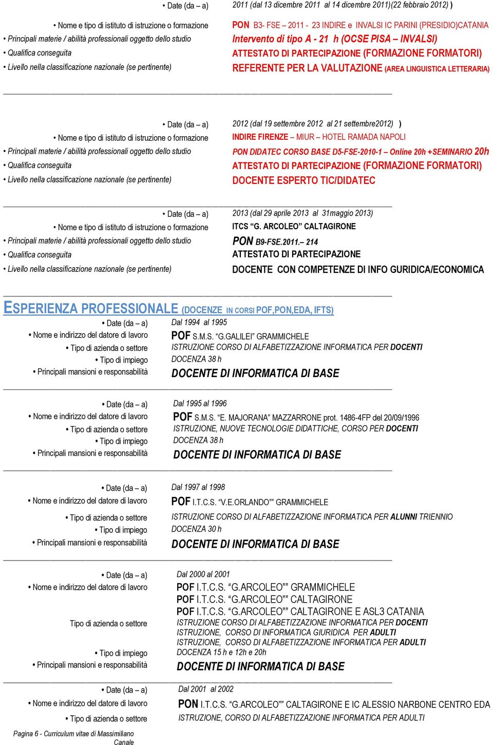 NAPOLI PON DIDATEC CORSO BASE D5-FSE-2010-1 Online 20h +SEMINARIO 20h DOCENTE ESPERTO TIC/DIDATEC Date (da a) 2013 (dal 29 aprile 2013 al 31maggio 2013) ITCS G. ARCOLEO CALTAGIRONE PON B9-FSE.2011.